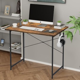 YSSOA Computer Desk Home Office Work Study Writing Modern Simple Table with Headphone Hooks, 32 Inch, Deep Brown