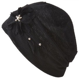 CHARM Flower Corsage Sheer Watch Cap (One Size Fits All / 4 Colors Available), Stylish, Elegant, Hat, Large Size, Black