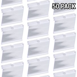 50 Pack Plastic Label Holders Clear Wire Shelf Label Holder Retail Price Card Clip On Merchandise Sign Display Tag Clips for Retail Shop Pantry Store Supermarket Wire Shelf Storage Basket Bin 6x4.2cm