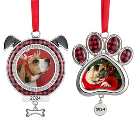 KDVOG 2PCS Dog Christmas Picture Frame Ornaments, 2024 Dog Paw Photo Frame Xmas Puppy Ornament Christmas Tree Decoration Christmas Keepsake for Pet Memorial Gifts, Dog Lovers Gift, Pet Owner Gift