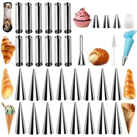 FDKYOEK 35 PCS Cannoli Forms Tubes Kits, Non-stick Cream Horn Mold, Stainless Steel Cannoli Tubes Molds, Cone Shaped Baking Molds, Tubular Shaped Baking Molds for Danish Pastry, Cream Roll, Croissant