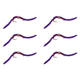 Feeder Creek 12pc Bead Head San Juan Worm Fly Fishing Flies, 3 Size Assortment Flies for Fly Fishing 10,12,14 (4 of Each Size) Trout and Bass Flies | Streamer Flies (Purple (6pc))