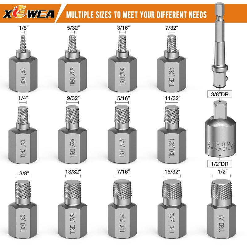 XEWEA Upgrade 15 Piece Screw Extractor Set, 3/8" Inch Multiple