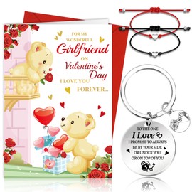 DPKOW Valentines Gifts for Her Girlfriend, 1 Valentines Card for Her + 1 Valentines Keyring + 2 Heart String Bracelets for Couples, Girlfriend Anniversary Gifts for Her Woman Birthday Gifts Girlfriend