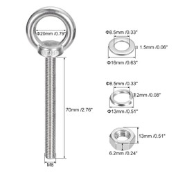 Sourcing Map M8 x 70mm Lifting Eye Bolt Set - 4 Sets With Nut Washer, 304 Stainless Steel Shoulder Ring for Hanging Items