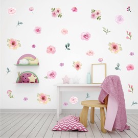 120 Pcs Pink Flower Peel and Stick Wall Decals Watercolor Vinyl Peony Floral and Leaves Wall Stickers for Girls Bedroom Nursery Classroom Living Room 8 Sheets (Pink Flowers)