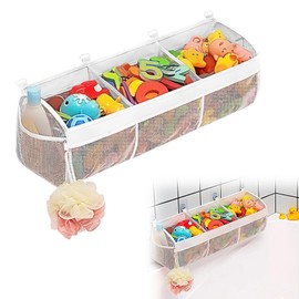 Bath Toy Storage Net, Bath Toy Tidy Hanging Organiser Bag with 4 Hooks, Bath Toy Holder Mesh Bags Bath Toy Organiser with 3 Compartment Large Openings and 2 Side Pockets for Baby (White)