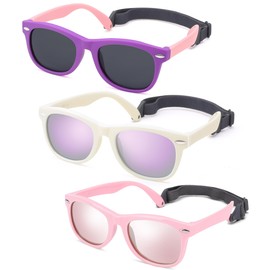 Polarized Baby Sunglasses with Strap - Unbreakable Flexible Infant Sunglasses for Toddlers Age 0-24 Months (Purple Pink/Gray + Pink/Pink + White/Purple) - 3 Pack