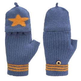 Winter Convertible Flip Top Mitten Gloves Kids Primary Students Knit Writing Five-pointed Star Half Fingerless Gloves with Flap Cover Cycling Running 5-10 Years Boys Girls Daily Use Warm Gloves