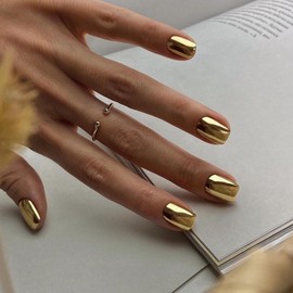 Mirror Metal Light Gold Press on Nails Short Square, Chrome Glazed Short Gel Nails Press on Bling Shiny Plating Nails Acrylic Nails Reusable Thick Fake Nails for Women Glue on Nails Short False Nails