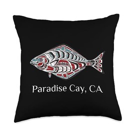 Paradise Cay Fisherman Native American Halibut Paradise Cay California PNW Native American Halibut Tribal Throw Pillow, 18x18, Multicolor