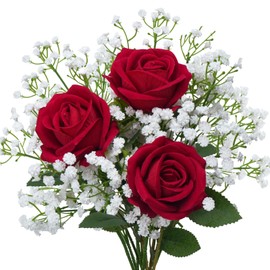 HO2NLE Artificial Roses Bouquet with Faux Baby's Breath Fake Velvet Rose Flowers Small Faux Floral Arrangements for Wedding Table Centerpieces Kitchen Home Decorations