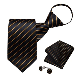 DiBanGu Silk Zipper Ties for Men,Paisley Solid Plaid Pre-tied Tie and Pocket Square Cufflinks Set Formal Adjustable Necktie, Black and Gold Stripe, One Size