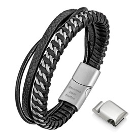murtoo Mens Bracelet, Premium Leather Bracelet for Men in Silver and Black Chain, Stainless Steel Bracelet with Detachable Clasp, Gift for Husband Boyfriend Father (7.87", Black Leather&Silver Chain)