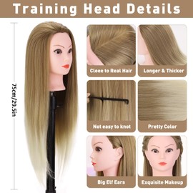 Training Head, TopDirect 75cm/29.5inch 100% Synthetic Fiber Hair Cosmetology Hairdressing Mannequi Head with Hair Manikin Doll with Table Clamp Holder + Hair Styling Set