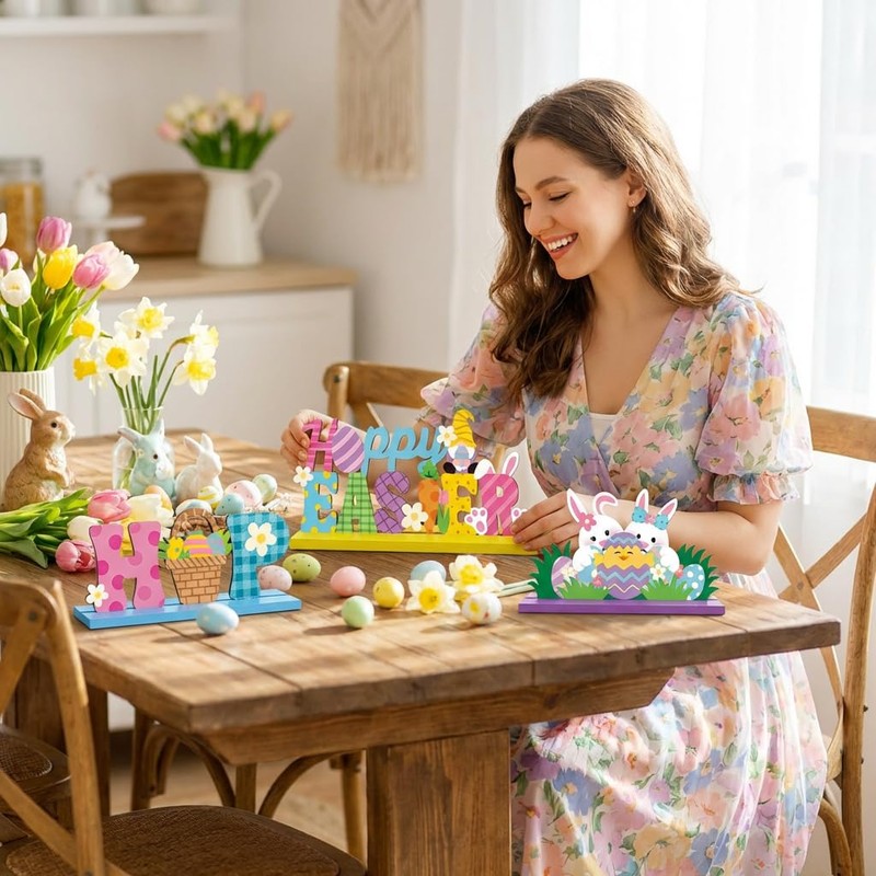3 Pcs Easter Decorations, Wooden Easter Table Decorations, Happy Easter