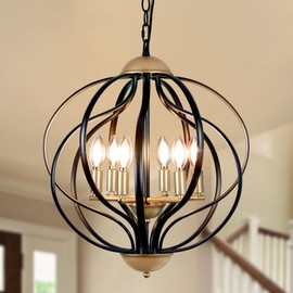 Black and Gold Chandelier, Modern Farmhouse Chandelier 17.7" Geometric Sphere Chandelier for Foyer 6 Lights Metal Industrial Pendant Light Fixture for Dining Room,Kitchen Island,Entryway,Stairs