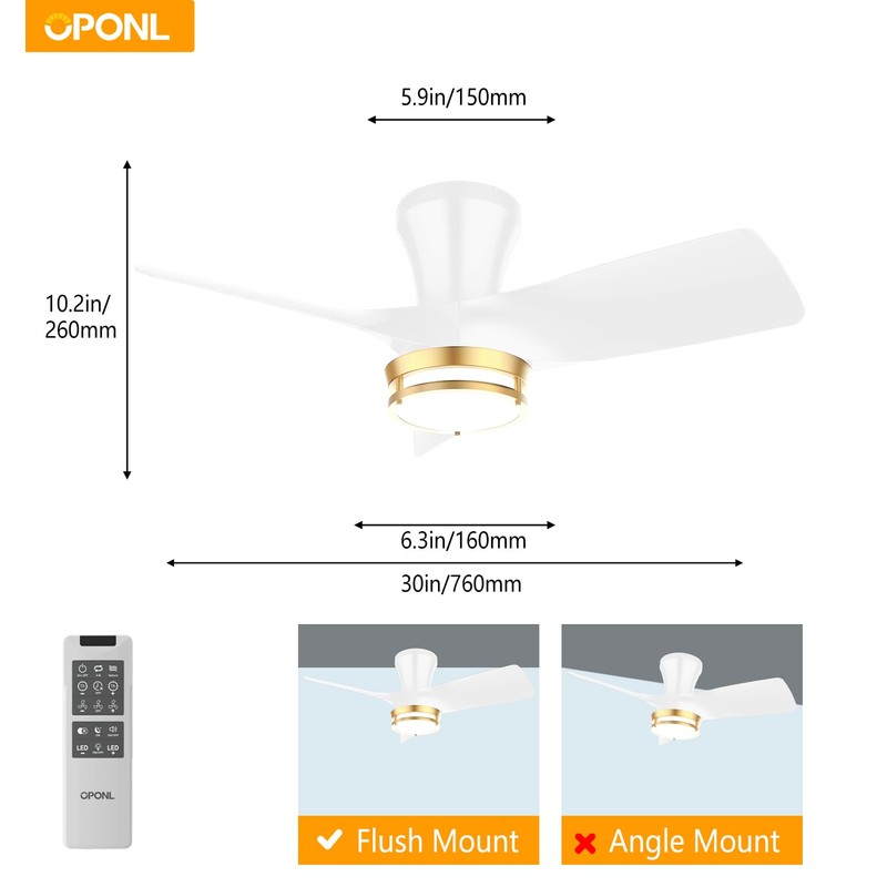 OPONL 30" White low profile Ceiling Fan with Light, with