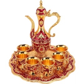Vintage Turkish Coffee Pot Cups Set with Tray and 6 Cups Retro Coffee Pot Cups Set Exquisite Wine Pot Set Decorative Vintage Tea Service Set for Home Party Decor (Red)