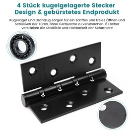 Pack of 2 Hinges Black Stainless Steel Door Hinge Large, Heavy Duty Hinge Exterior, 100 x 75 mm Ball Bearing Hinges, Stainless Steel Door Hinges for Wooden Doors, Animal House, Room Door, Cabinet