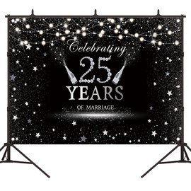 Bellimas Celebrating 25 Years of Marriage Backdrop Black and Silver Lights Champagne 25th Anniversary Background Silver Wedding Party Decorations Banner with Copper Grommets