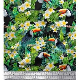 Soimoi Black Japan Crepe Satin Fabric Tropical Leaves,White Floral & Toucan Bird Print Sewing Fabric BTY 42 Inch Wide