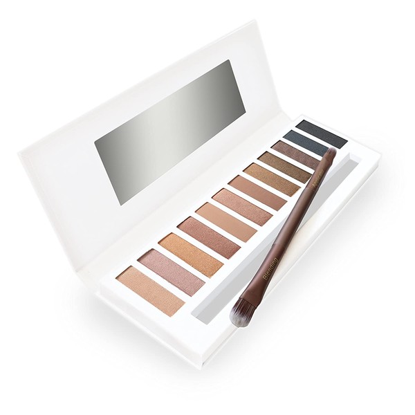 Lagure Eyeshadow Palette & Double-ended Brush - Matte & Shimmer 12 Colors - Best for Natural, Bronzed or Smokey Eye Makeup - Highly Pigmented, Vegan, Cruelty Free