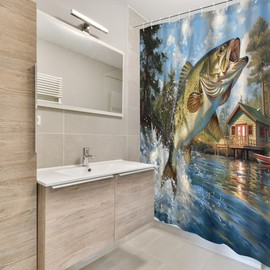 Printspree Cortina de ducha rústica para pesca con lubina, diseño de escena de lago de salto de pescado, decoración de baño de tela de 72 x 72 pulgadas, con 12 ganchos, para cabañas de lago, baños con