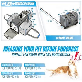 XKISS Pet Rolling Carrier,cat Carrier,Airline Approved Pet Carrier for Small Dogs Cats,3 Sides Expandable,Foldable, Multiple Carrying Options,Breathable,Self Locking Zippers,Wheels Rotate 360° (Grey)