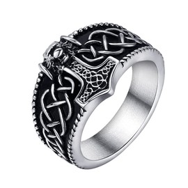 Joliernelle Men's Ring Thor's Hammer Nordic Viking Jewellery Stainless Steel Size 54 to 69, Stainless Steel