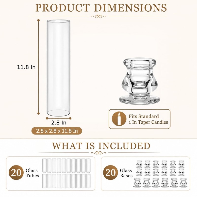 20 Pack Glass Hurricane Candle Holders, 11.8 in Clear Taper