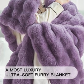 Plush & Plaid Faux Fur Throw Blanket for Couch Sofa, Fuzzy Soft Thick Bubble Blanket for Bedroom Living Room, 50 by 60 inches, Purple