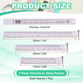 PATIKIL 15cm/20cm/30cm Metal Ruler, 3 Pack Aluminum Alloy Rulers with Centimeters, Millimeters, Inches and Conversion Table Straight Edge Ruler for Writing Machinist Drafting, Purple