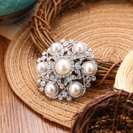 EVER FAITH Women's Wedding Jewelry Austrian Crystal Simulated Pearl Bridal Leaf Flower Brooch Clear Silver-Tone