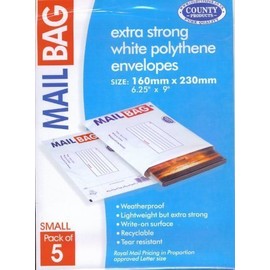 PARCEL BAG EXTRA STRONG WHITE POLYTHENE ENVELOPES SIZE 160MM X 230MM SMALL PACK OF 5