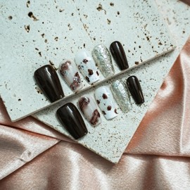 Tesytto Handmade 3D Medium Coffin Press on Nails - White Sliver Glitter & Matte Amber Acrylic Nails for Autumn Winter, Party & Vacation (Autumn-Winter Amber,M)