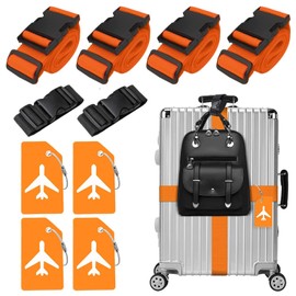 Pack of 4 Luggage Straps & 4 Luggage Tags & 2 Pieces Add a Bag Luggage Straps, Luggage Strap Strap, Adjustable Luggage Straps, Eye-catching Luggage Strap for Suitcases (Orange)