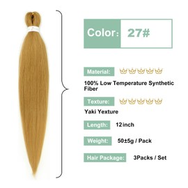 27 Honey Blonde Braiding Hair Pre stretched 12 Inch 3 Packs Pre-stretched Braiding Hair EZ Braid Yaki Texture Synthetic Hair Extensions for Crochet Box Braids