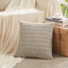 Fancy Homi 4 Packs Neutral Decorative Throw Pillow Covers 16x16 Inch for Living Room Couch Bed Sofa, Rustic Farmhouse Boho Neutral Home Decor, Soft Plush Striped Corduroy Square Cushion Case 40x40 cm