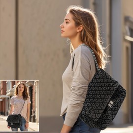 Large Quilted Denim Purse, Shoulder Bag for Women, Carry-All Crossbody Flap Tote Bag, Double Silver Chain Strap Trendy Hobo Bag, Vintage Washed Jean Purse, Overnight Travel Bag (Washed Gray, Large)