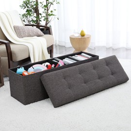 Ornavo Home Foldable Tufted Linen Large Storage Ottoman Bench Foot Rest Stool/Seat - 15" x 45" x 15" (Black)