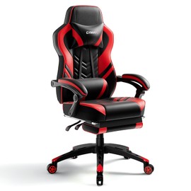 POWERSTONE Gaming Chair Video Game Chair with Footrest and Lumbar Support Racing Style PU Leather Computer Chair Ergonomic Adjustable Swivel Task Chair Red