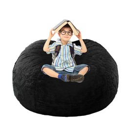 BCU Bean Bag Cover Comfy Beanbag Chair for Adults Without Filler Faux Fur Lazy Sofa Cover for Living Room Chairs, Black, 3.5FT