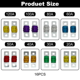 Midi Fuse Set, Mixed Screw Fuse, 32 V, 20 / 30 / 40 / 50 / 60 / 80 / 100 / 120 Amp High Current Fuse for Cars, Trucks, Construction Vehicles, Buses, Caravans, Pack of 16