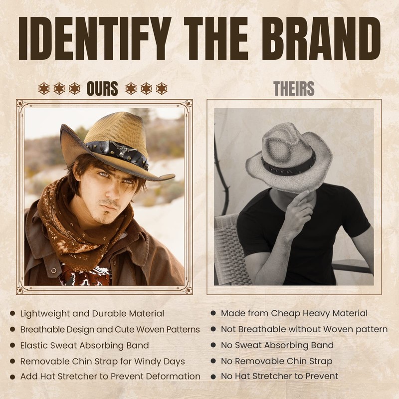 Straw Cowboy Hat Western Style Classic Cowgirl Hat, Dark Brown,