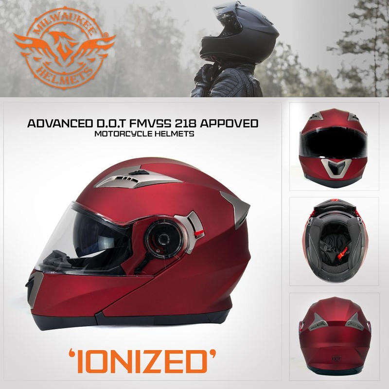 Milwaukee Helmets MPH9826DOT 'Ionized' Flat Red Advanced Motorcycle Modular Helmet