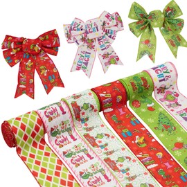Christmas Ribbon Wired Edge Christmas Tree Ribbon Xmas Funny Cartoon Character Craft Ribbon,Gift Wrapping, Wreaths Bows DIY, Garland, Home Decor -2.5 Inchx6 Rolls Total 36Yard
