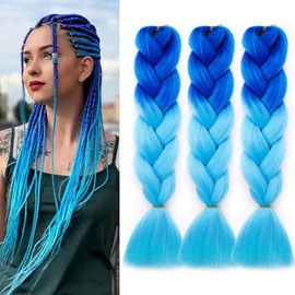 Navy Blue Braiding Hair Pre stretched, 24in 3Packs Jumbo Braiding Hair, Blue Ombre Braiding Hair Extensions #Navy Blue-Light Blue