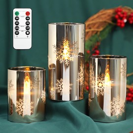 FLAVCHARM Snowflake LED Flameless Candles with Remote and Timer, Electroplate Glass Candles Operated by Battery, Christmas LED Flickering Candles Decoration for Bedroom, Party, Wedding