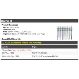 Diesel Glow Plug Kit - 8 Piece - Compatible with 1995-1997 Ford F-350 7.3L V8 Turbo Diesel